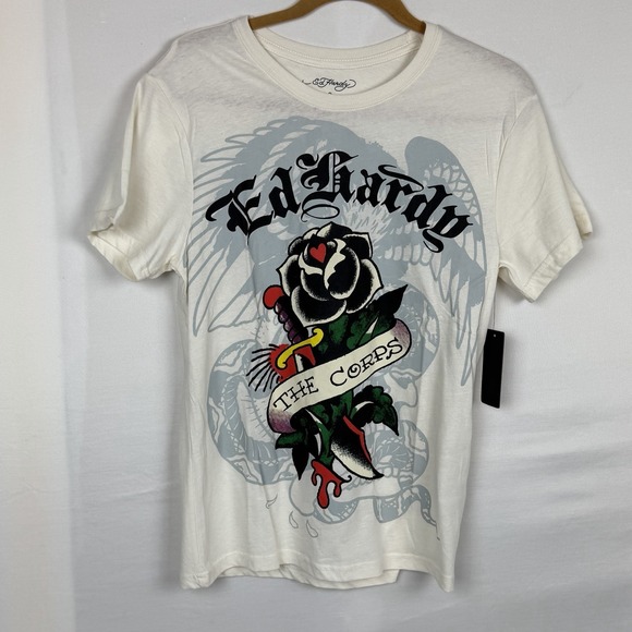 Ed Hardy Other - Ed Hardy Deh Corps Graphic Tee Small Ivory Rose Skull Wings Y2K NWT